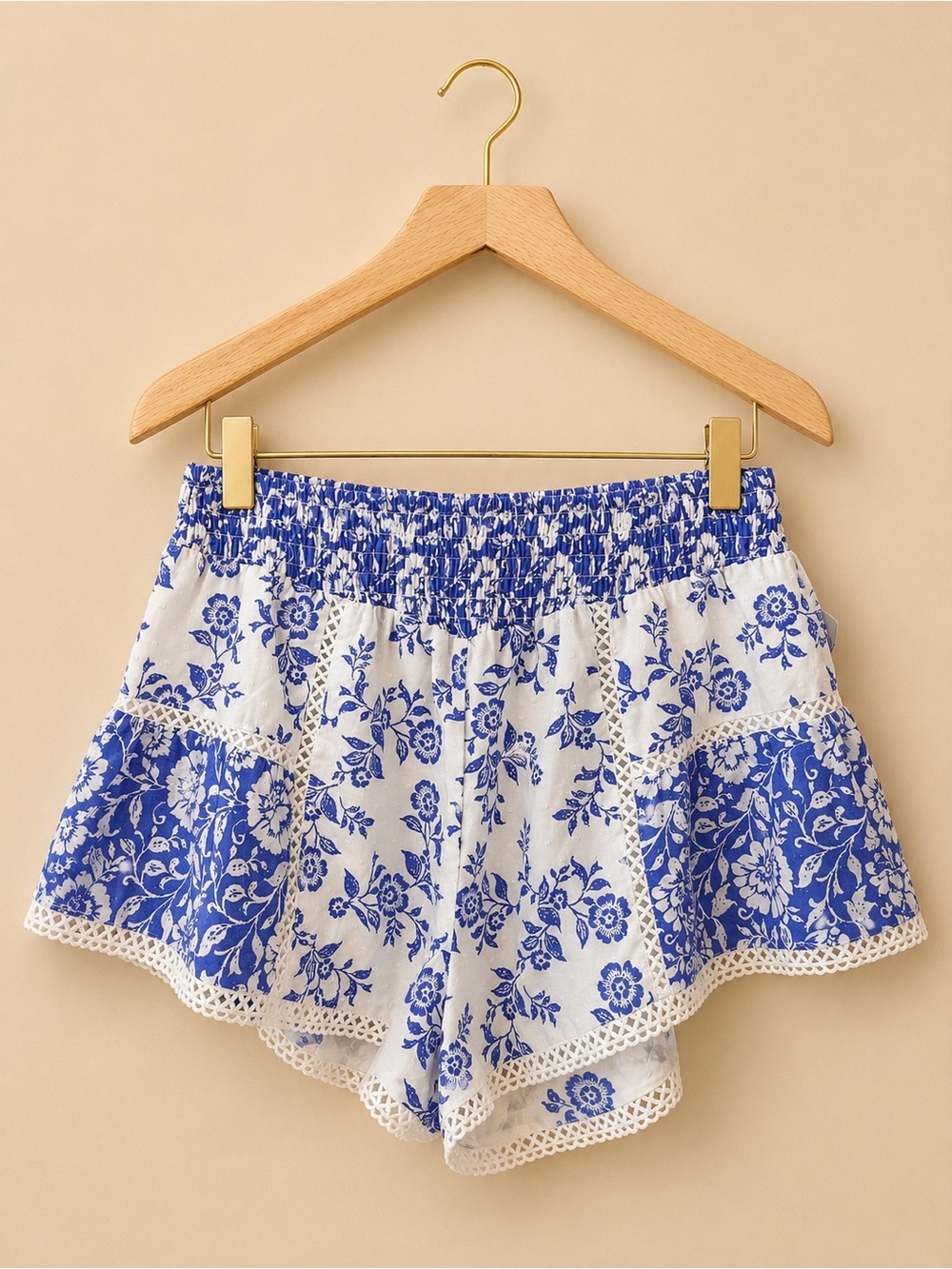 Altar'd State Blue and White Floral Smocked High-Waist Shorts